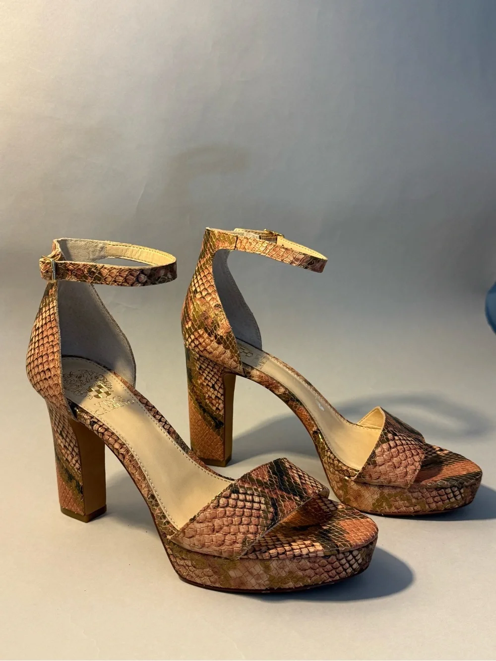 Women's Ankle-Strap Platform Sandals in Beige and Gold Snake Print